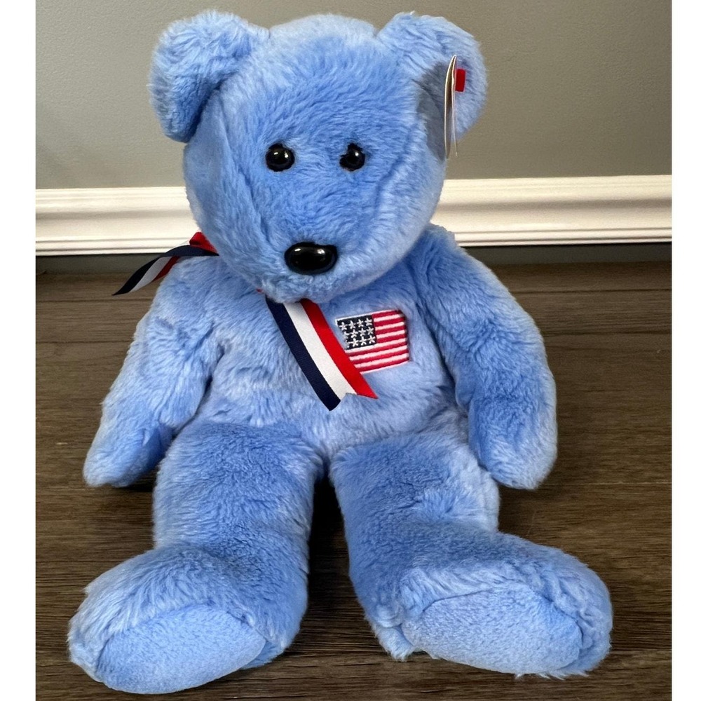 Vintage Ty 2002 Beanie Buddies America Blue Teddy Bear Patriotic Plush with Tag